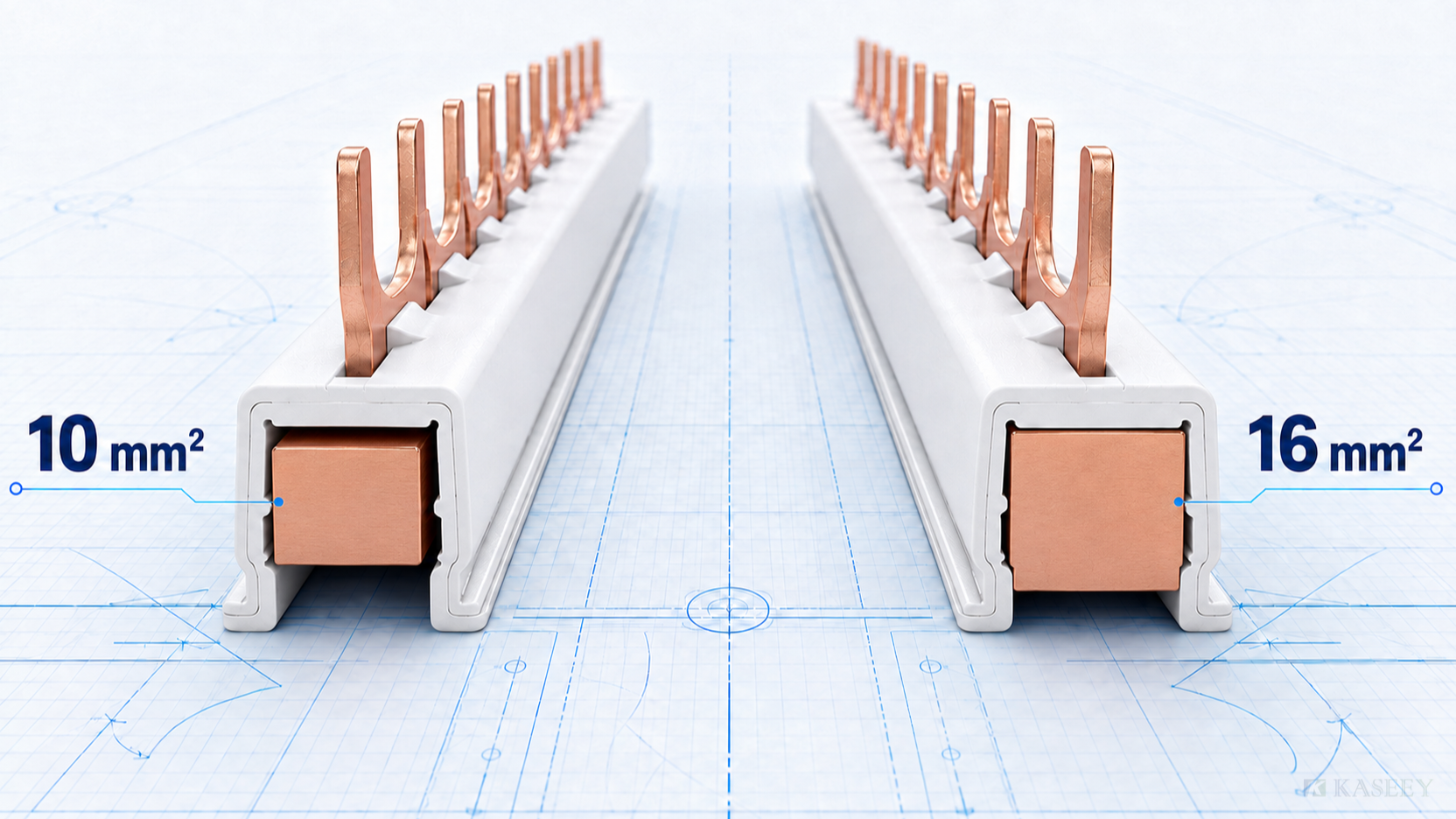White-insulated 10 mm² and 16 mm² comb busbars compared by solid copper conductor cross-section