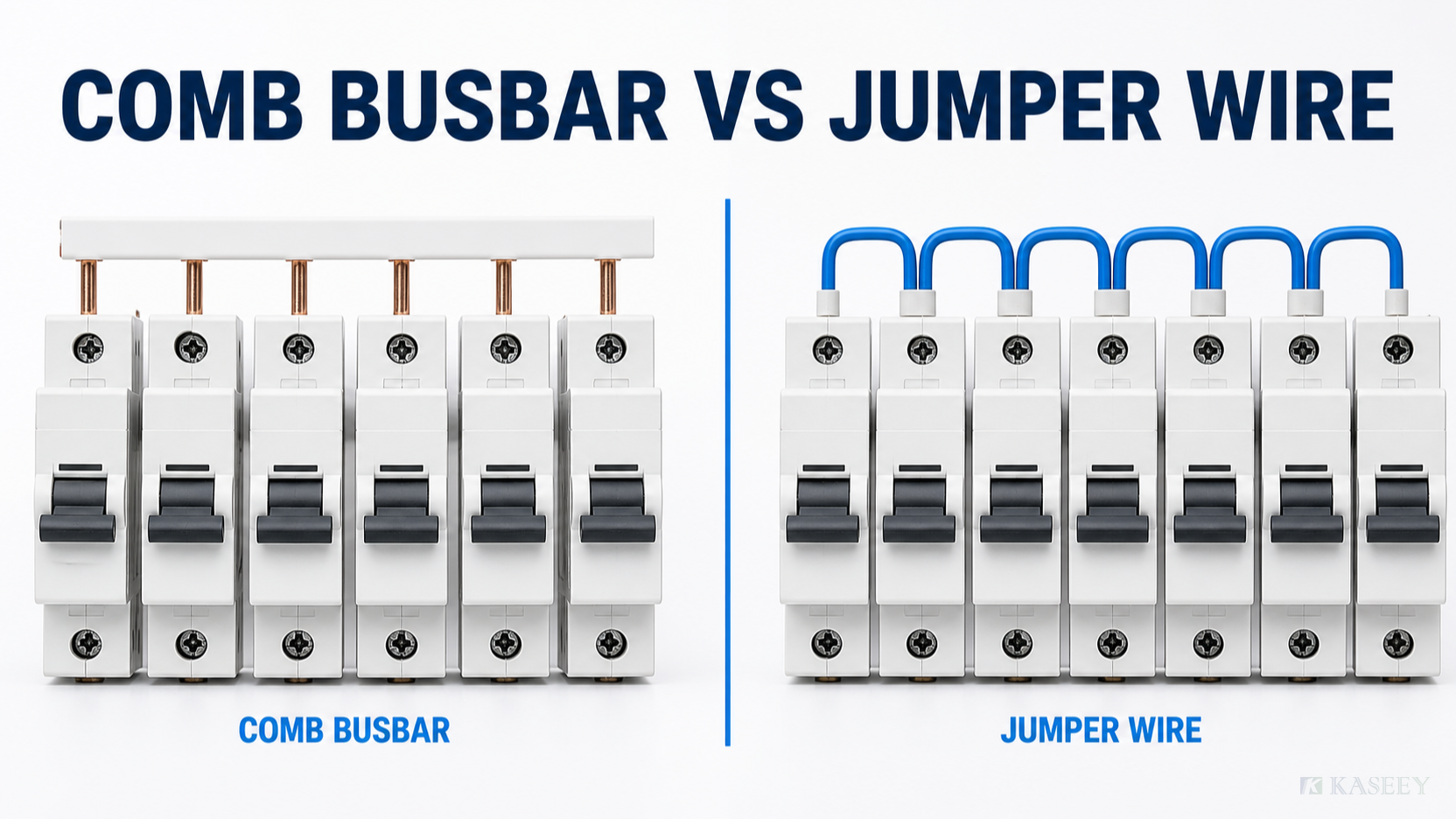 Comb busbar and jumper conductor architectures compared for a modular MCB row