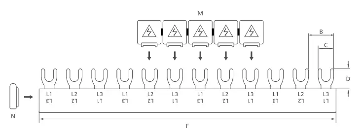 KASEEY Fork type 3-phase busbars G-3L M6 dimension drawing showing B, C, D and F dimensions