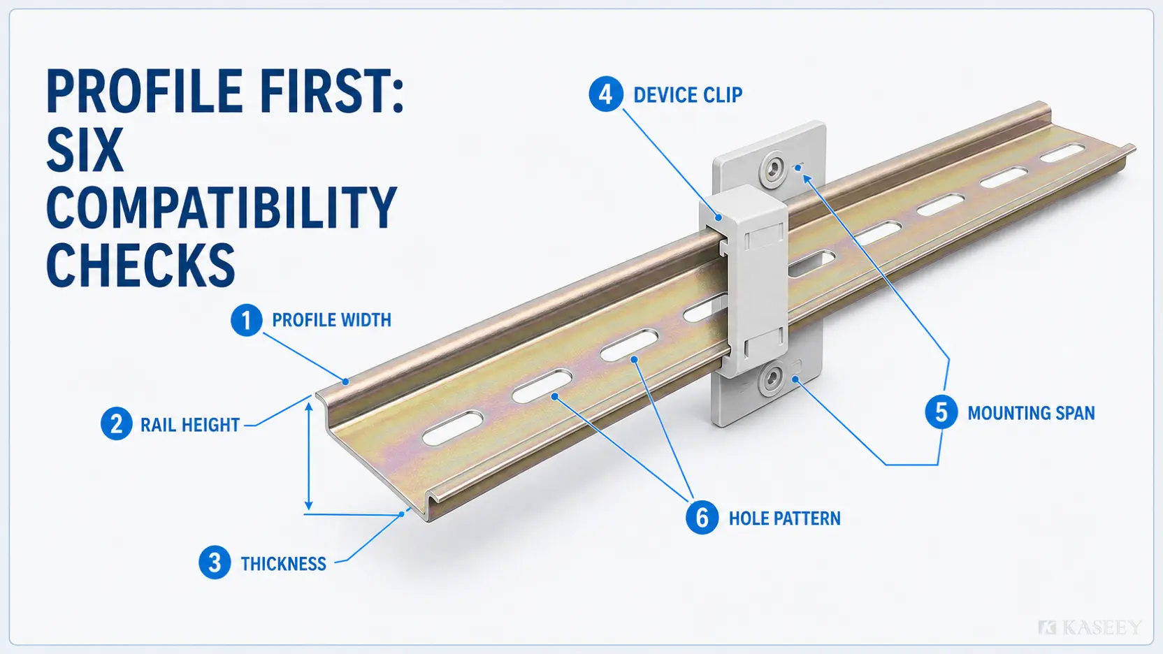 Compatibility checks for a 35 mm DIN rail including profile, height, thickness, device clip, mounting span and hole pattern