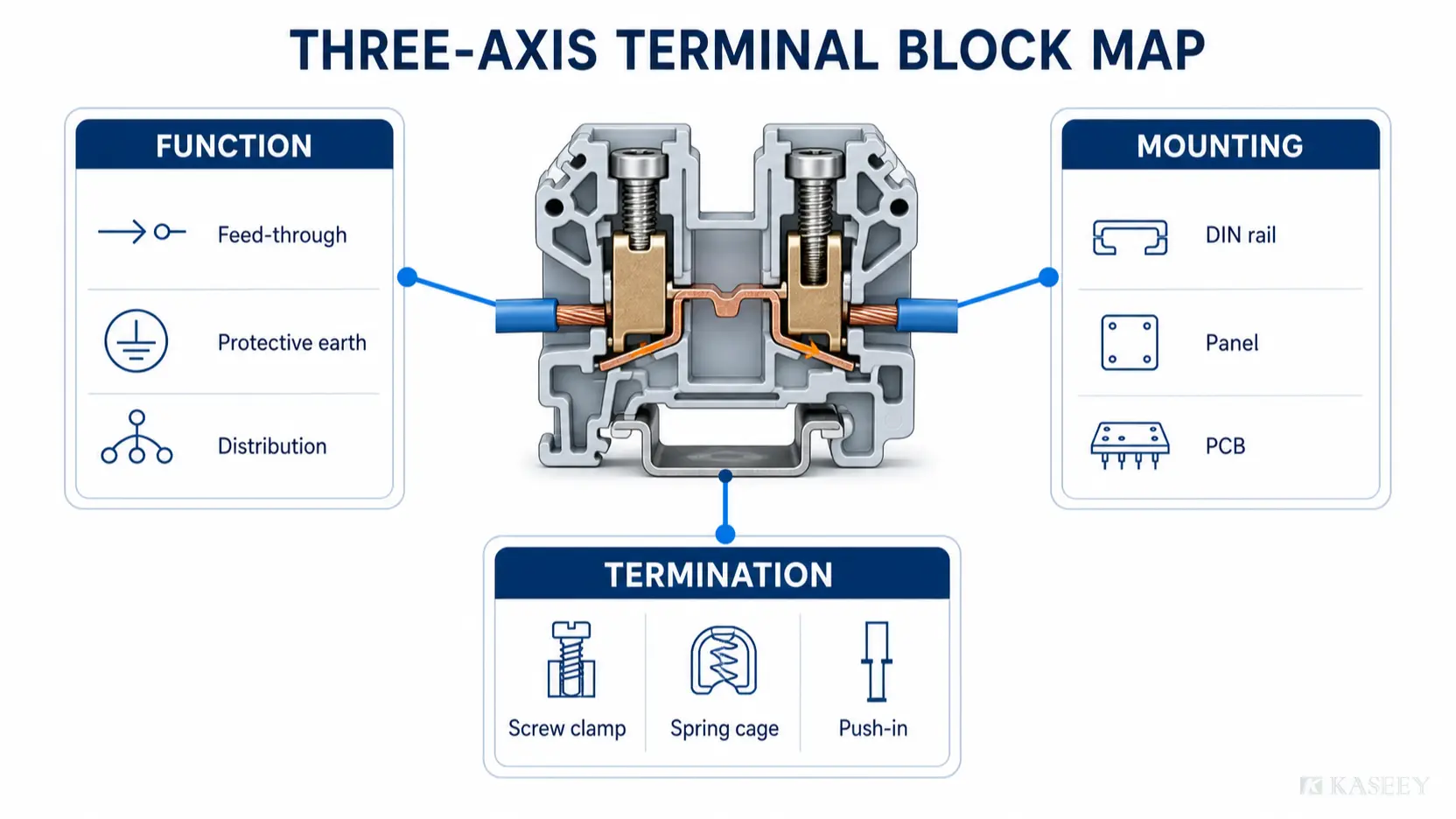 Three-axis terminal block classification map showing function, mounting and termination