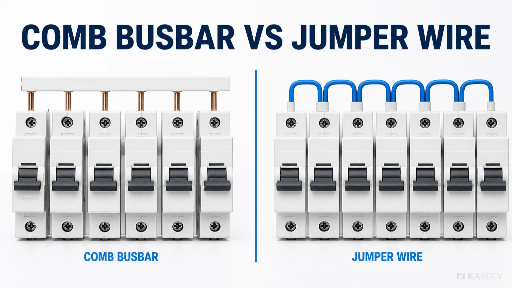 Comb busbar and jumper conductor architectures compared for a modular MCB row