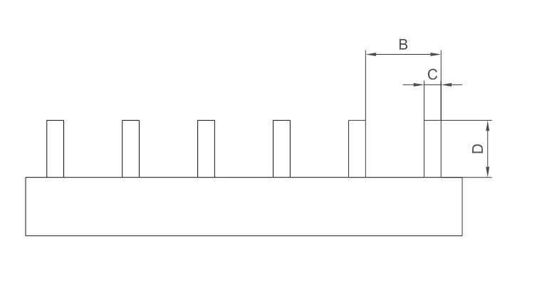 KASEEY Pin type 1P closed busbars P-1L-DB dimension drawing showing B, C and D dimensions