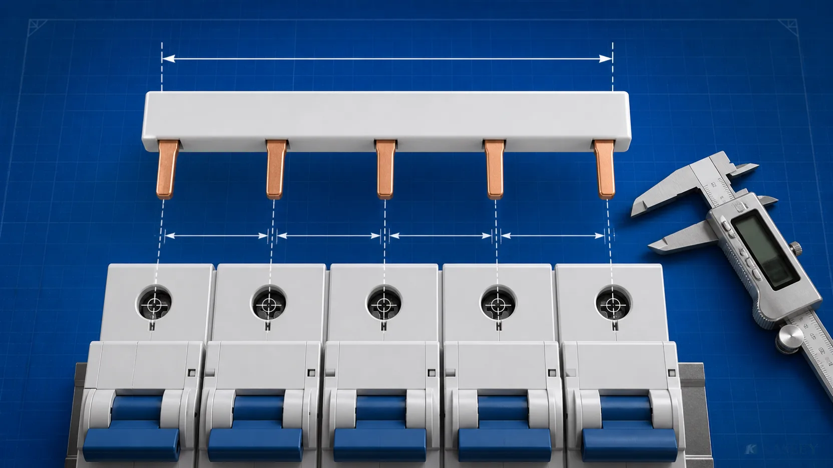 MCB busbar pitch measured center to center across five contact positions