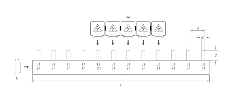 KASEEY P-3L pin type 3-phase busbar dimension drawing showing B, C, D and F dimensions
