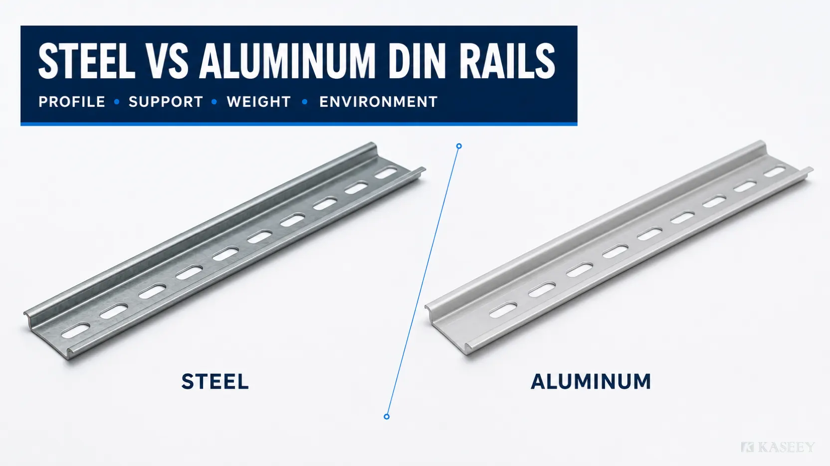 Steel and aluminum 35 mm top-hat DIN rails compared by profile compatibility, support, weight and environment