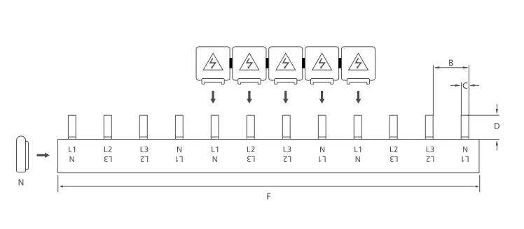 KASEEY Pin type 4-phase busbars S-4L dimension drawing showing B, C, D and F dimensions