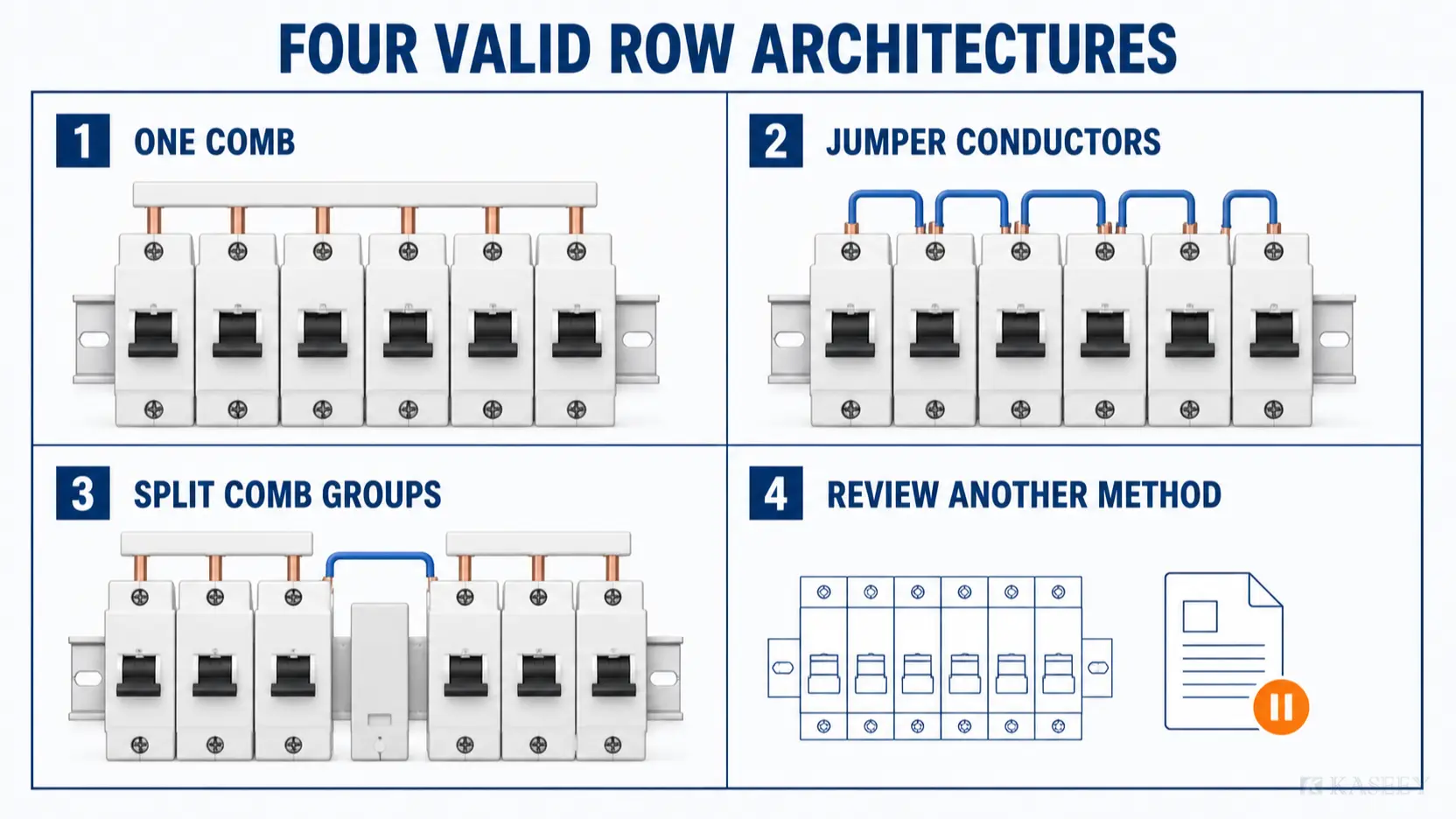 Four-outcome architecture map for comb busbar, jumper conductors, split comb groups, or another approved method
