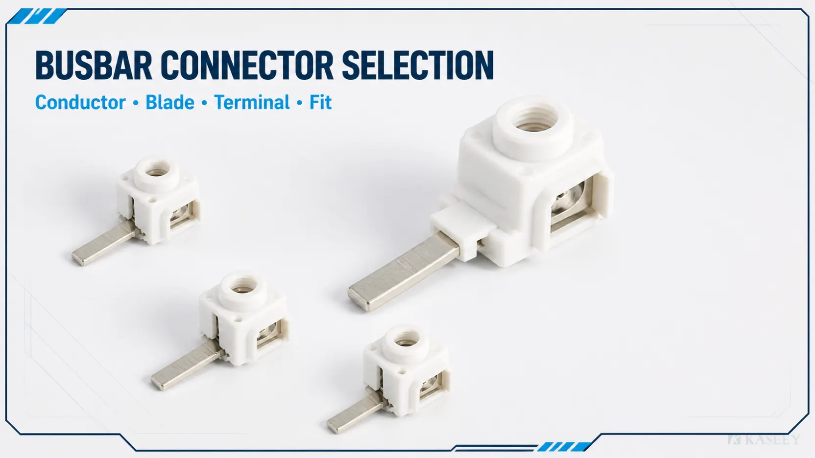 KASEEY TB25 and TB50 style busbar feed-in connectors with white insulated bodies and flat blades