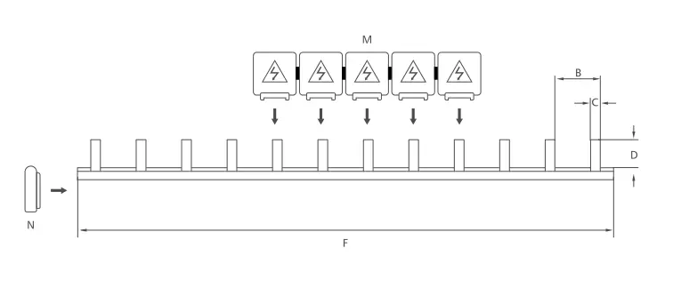 KASEEY Pin type 1-phase busbars S-1L dimension drawing showing B, C, D and F dimensions