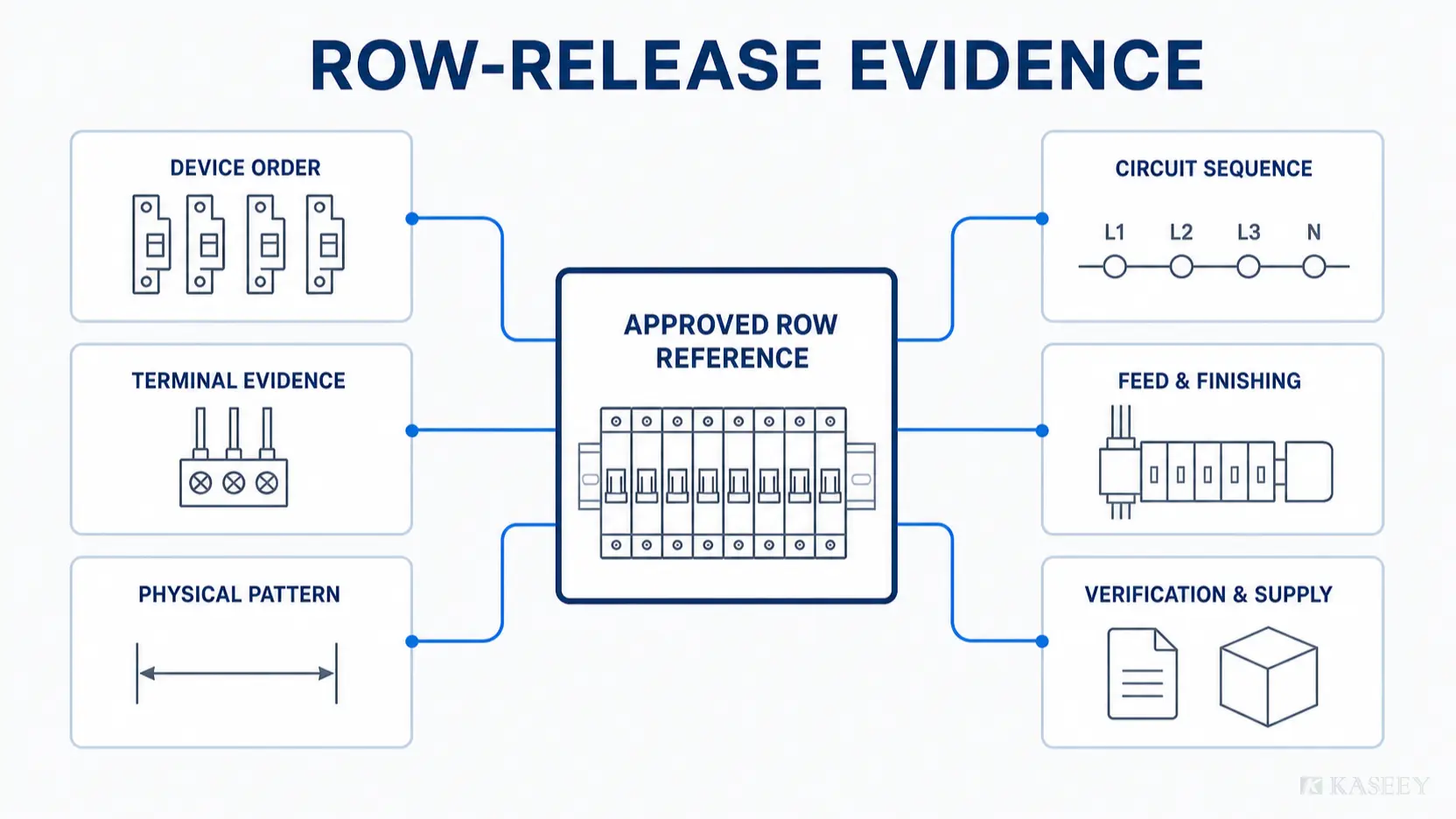 Evidence checklist for releasing an MCB row using a comb busbar, jumper conductors, or split groups