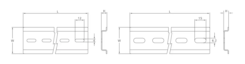 KASEEY steel and aluminum DIN rail dimension drawing showing L, W, H and hole dimensions