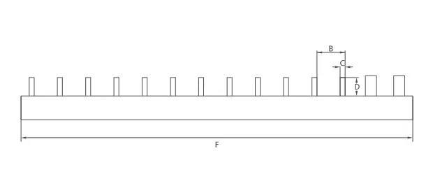 KASEEY Pin type 2-phase combination P-Series busbars dimension drawing showing B, C, D and F dimensions
