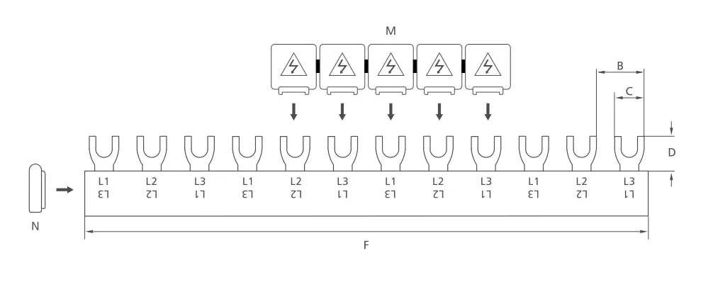 KASEEY F-3L M6 fork type 3-phase busbar dimension drawing showing B, C, D and F dimensions