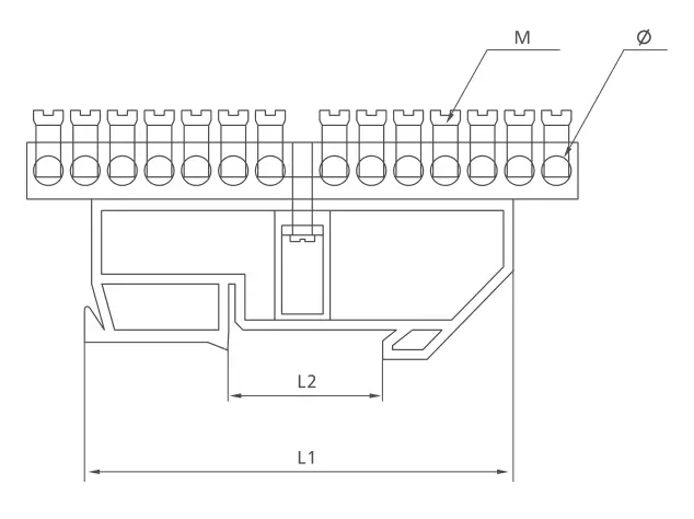 KASEEY Brass Terminal block T005 dimension drawing showing L1, L2, M and diameter dimensions
