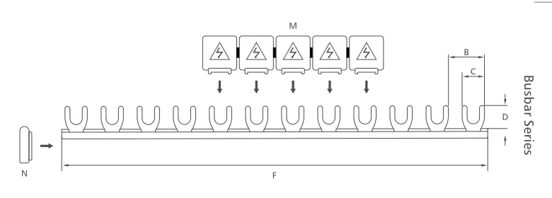 KASEEY Pin type 1-phase busbars M6 dimension drawing showing B, C, D and F dimensions