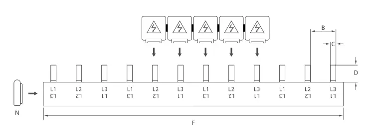KASEEY Pin type 3-phase busbars S-3L dimension drawing showing B, C, D and F dimensions