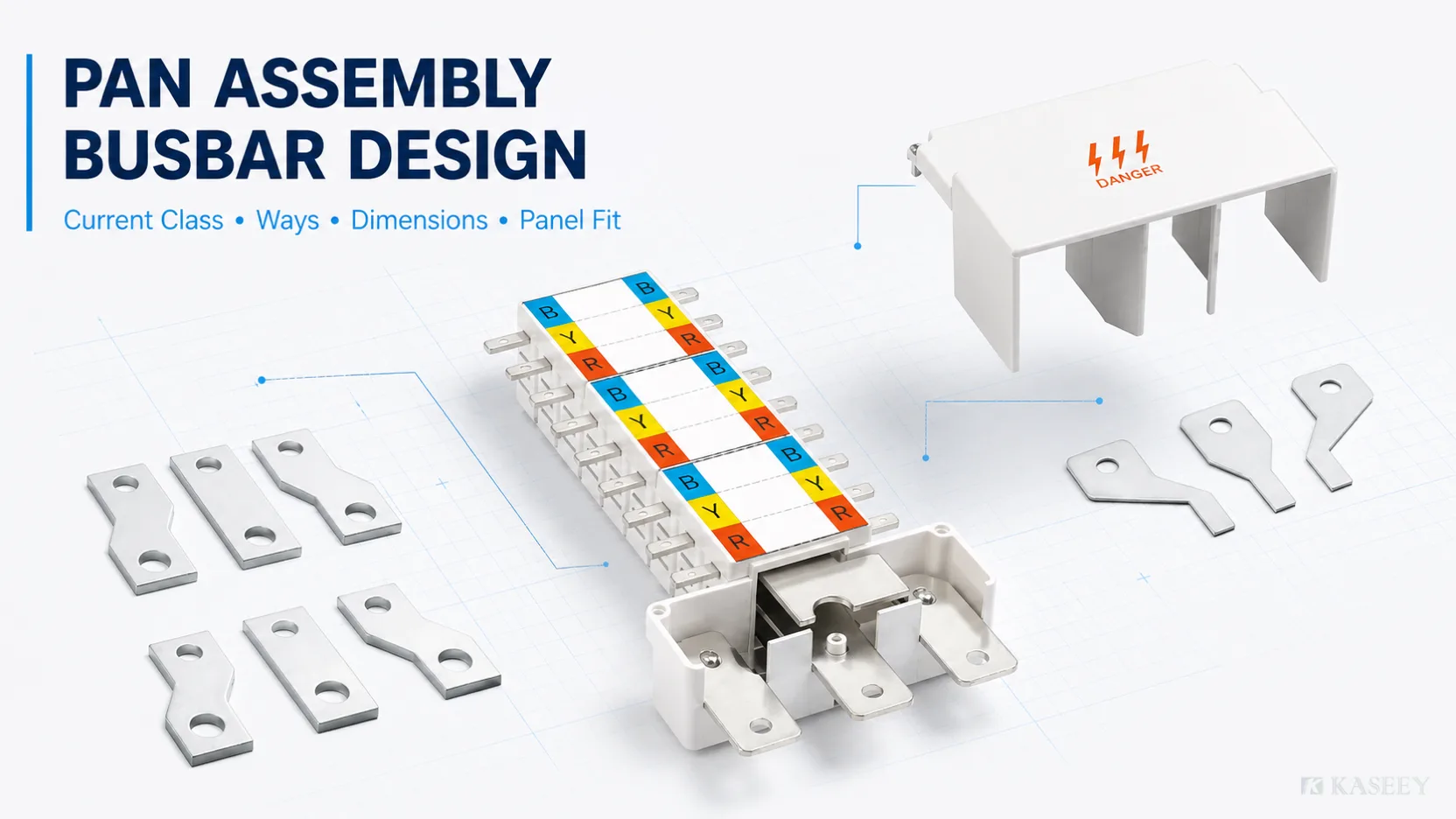 KASEEY pan assembly busbar with phase identification, outgoing tabs, incoming connection area and insulating shroud