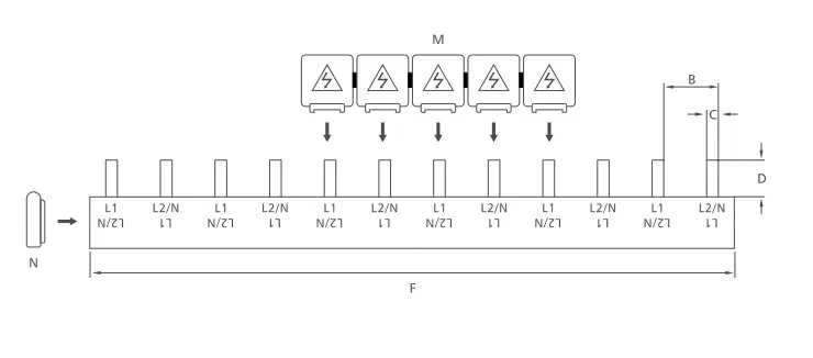 KASEEY P-2L pin type 2-phase busbar dimension drawing showing B, C, D and F dimensions