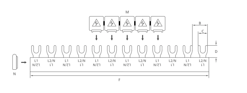 KASEEY Fork type 2-phase busbars G-2L M6 dimension drawing showing B, C, D and F dimensions