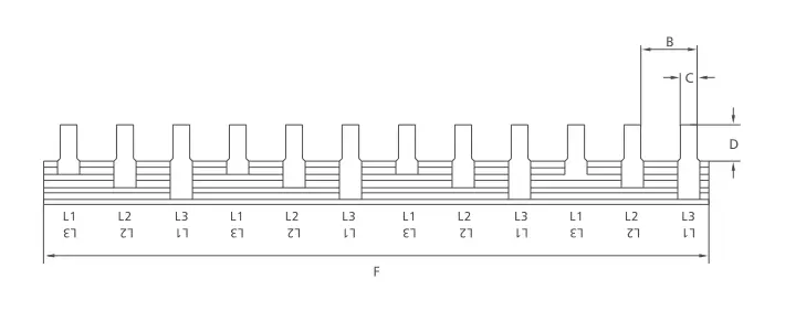 KASEEY C45 pin type 3-phase busbar dimension drawing showing B, C, D and F dimensions